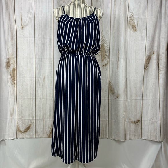 Ambiance Pants - Ambiance Jumpsuit Spaghetti Strap Cropped Length Striped Blue White Size Small